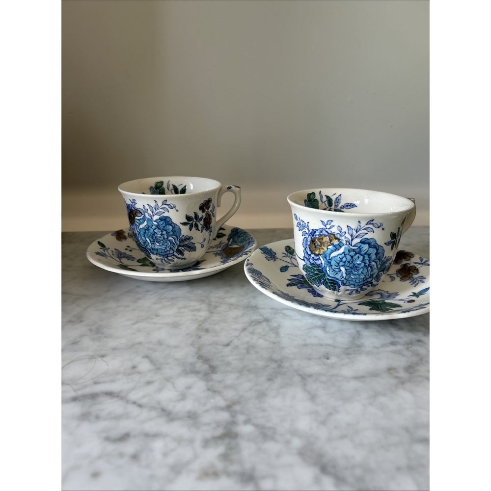 Masons Belvedere England Teacup & Saucer Set 2 Blue Floral Ironstone